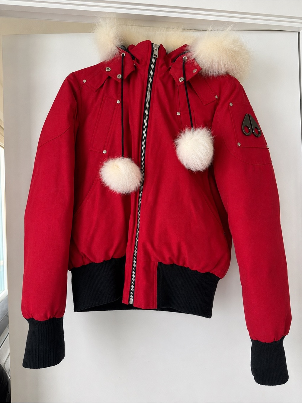 Moose Knuckles Debbie Bomber Down Jacket Dark Red Fur Hood Size L
